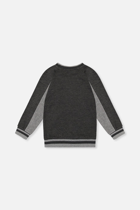Deux par Deux charcoal grey ribbed sweatshirt with light grey panels and striped trim, flat lay back view