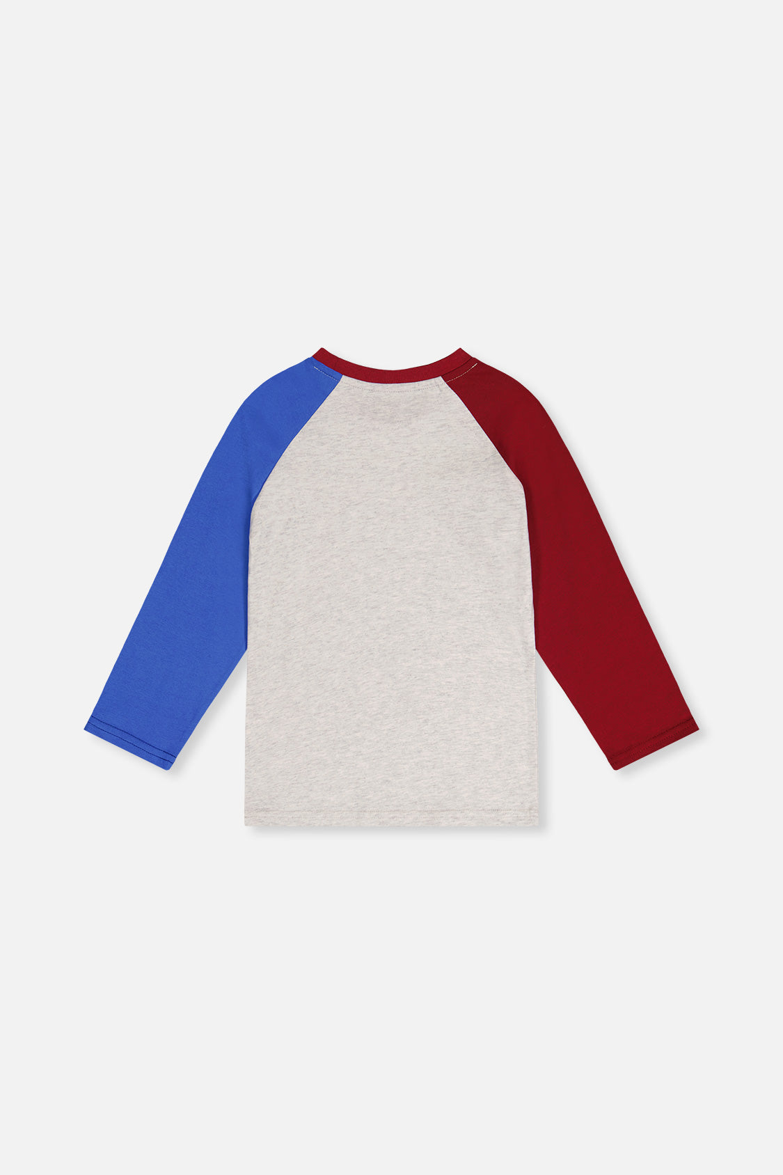 Deux par Deux boys' raglan t-shirt in heather grey, red and blue, back view