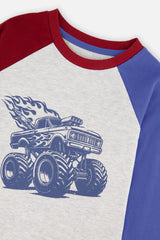 Deux par Deux boys' raglan t-shirt in heather grey, red and blue, view 7
