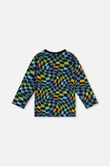 Deux par Deux boys' organic cotton long sleeve t-shirt in blue checkered print, back view