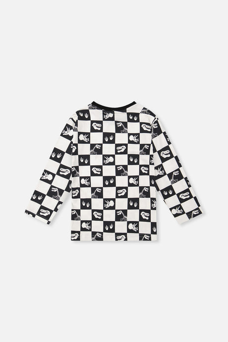 Deux par Deux boys' organic cotton long sleeve t-shirt in black and white checker, back view