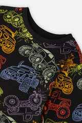 Deux par Deux Organic Cotton Long Sleeve T-Shirt Black Monster Truck Print