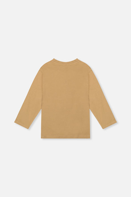 Back view of the beige long-sleeve tee laid flat