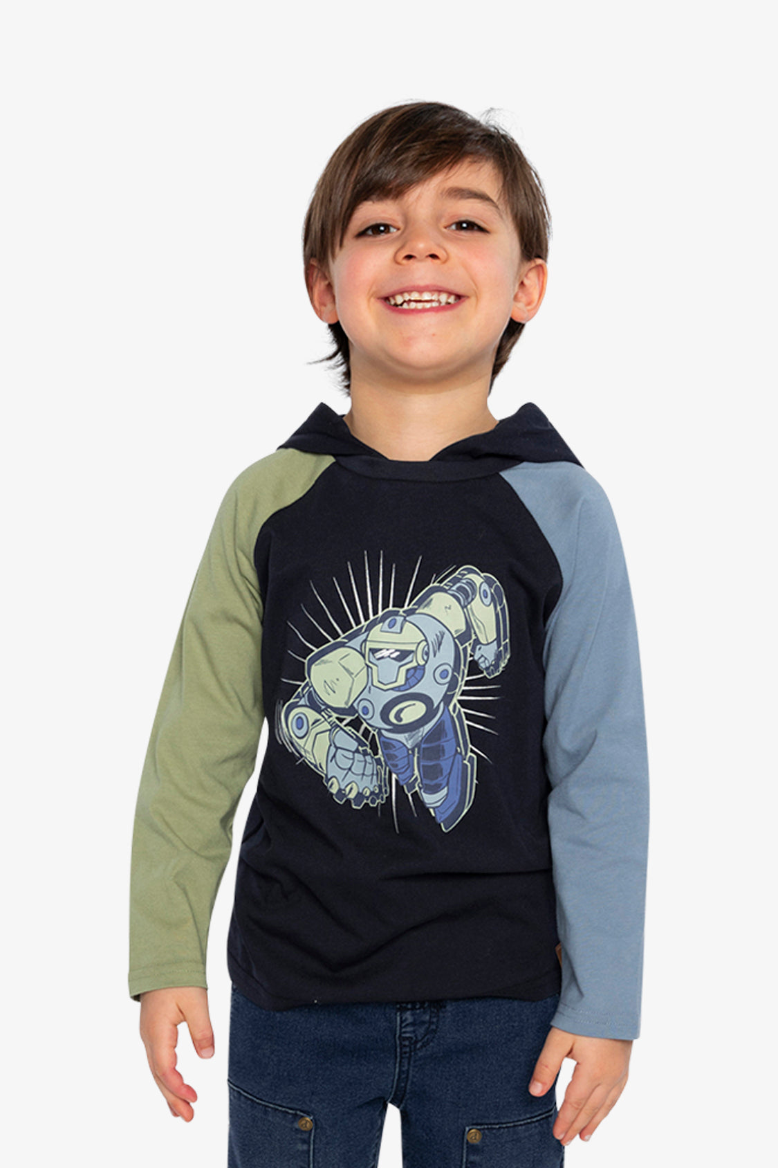 Raglan Hooded T-Shirt Dark Blue And Green-1