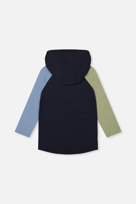 Deux par Deux boys' raglan hooded t-shirt in dark blue and green, back view