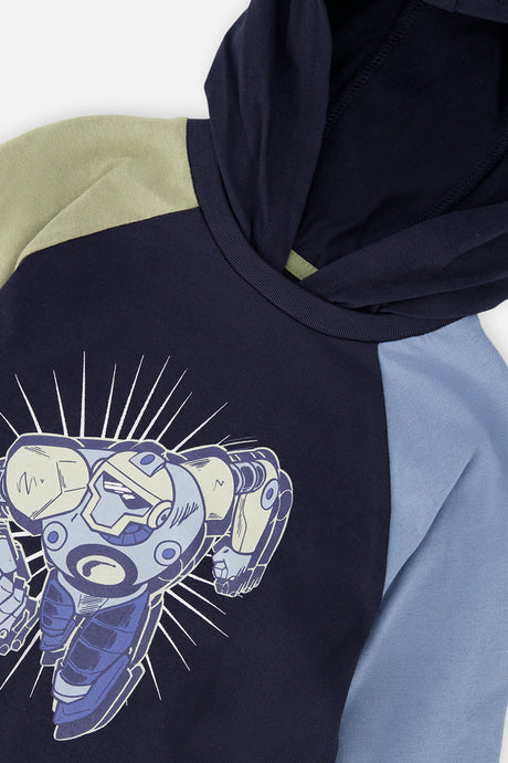 Deux par Deux boys' raglan hooded t-shirt in dark blue and green, view 7