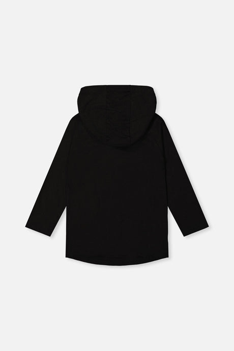 Deux par Deux boys' raglan hooded t-shirt in black and brown, back view