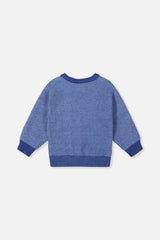 Back view of the Deux par Deux blue textured knit sweater laid flat