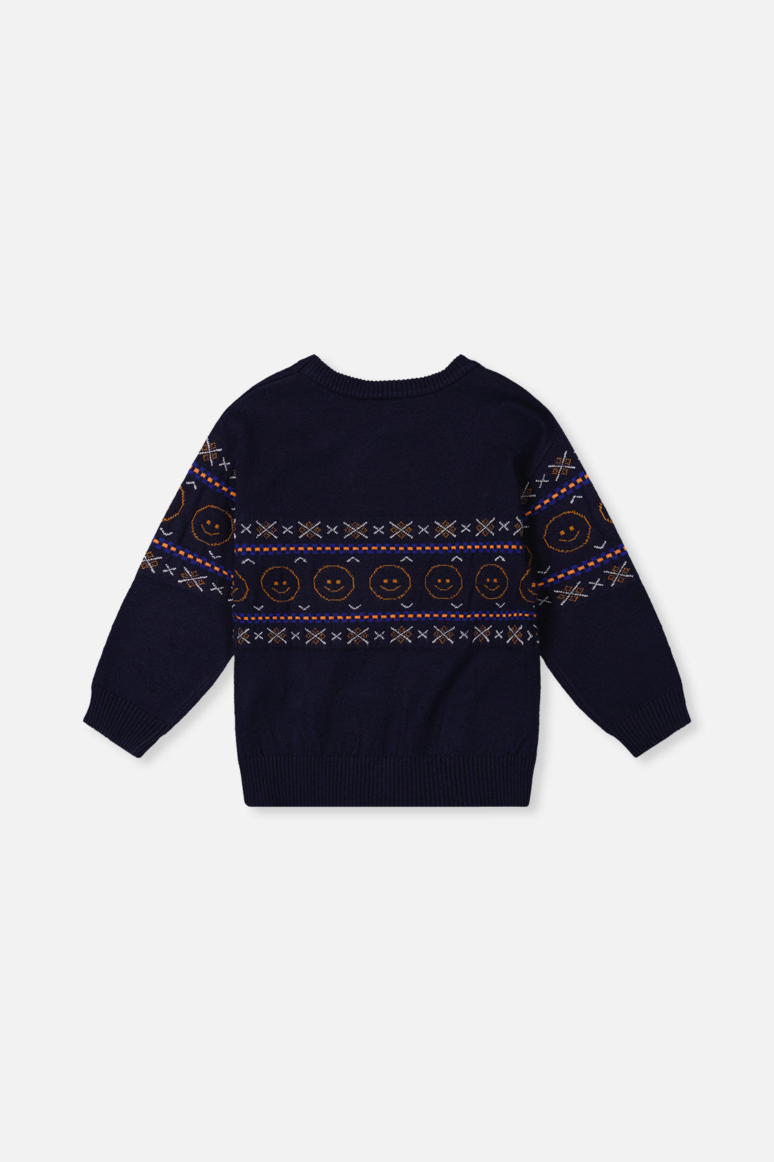 Deux par Deux dark blue knit sweater, flat lay back view with the smiley band across the body