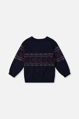 Deux par Deux dark blue knit sweater, flat lay back view with the smiley band across the body