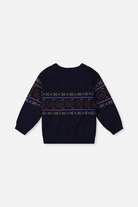 Deux par Deux dark blue knit sweater, flat lay back view with the smiley band across the body