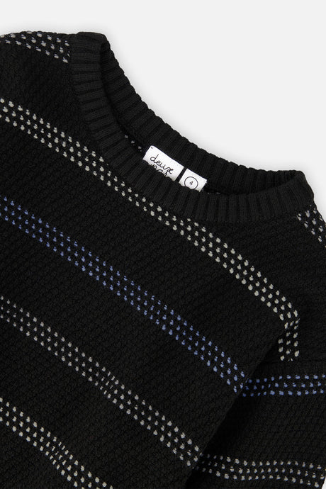 Close-up of the white and blue dotted stripes and ribbed neckline on the black Deux par Deux sweater