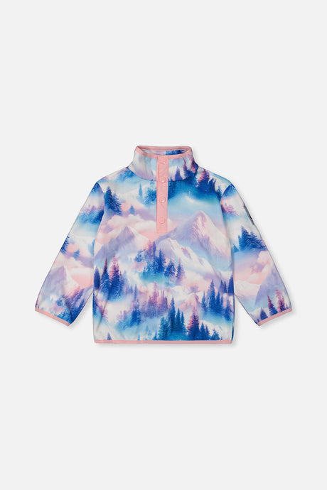 Blue and pink mountain print plush fleece pullover with snap placket and stand collar from Deux par Deux, front view