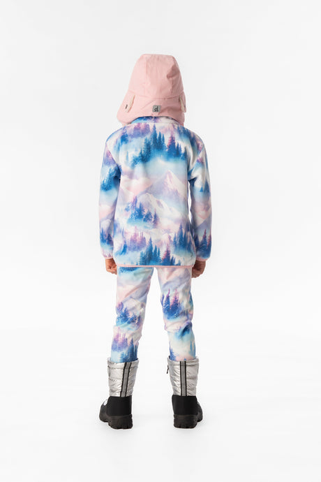 Child wearing the blue and pink mountain print fleece pullover, back view