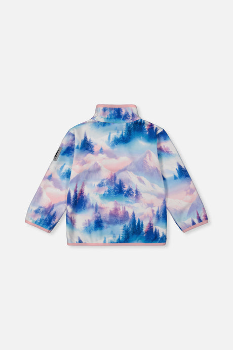 Blue and pink mountain print plush fleece pullover from Deux par Deux with pink binding, back view
