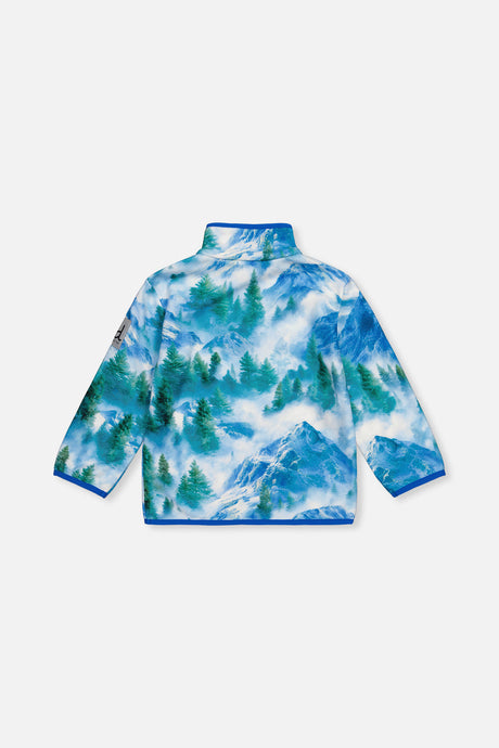 Blue mountain print plush fleece pullover from Deux par Deux with blue binding, back view