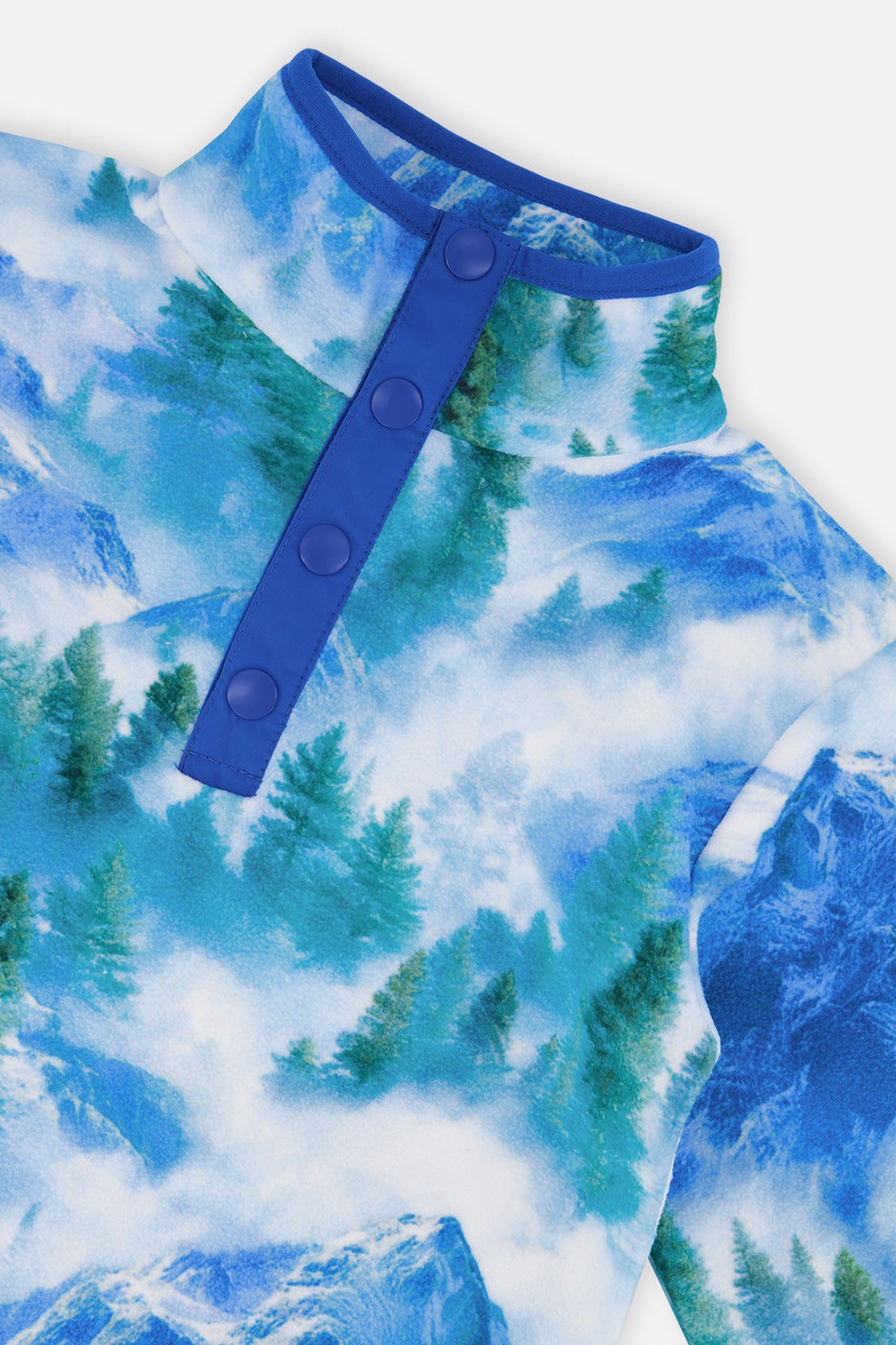Close-up of the four-snap placket and stand collar on the blue mountain print fleece pullover