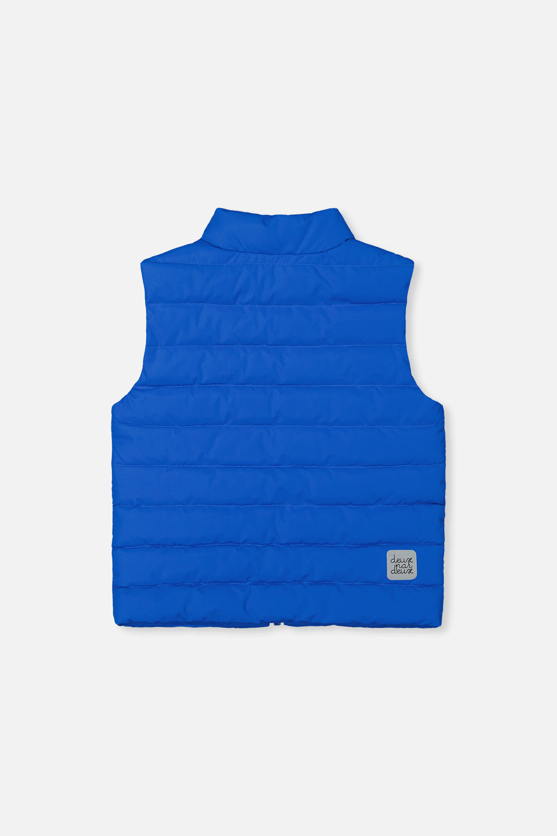 Deux par Deux blue quilted mid-season vest, back view