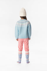 Lookbook look featuring the Deux par Deux light blue Nordic jacquard knit sweater