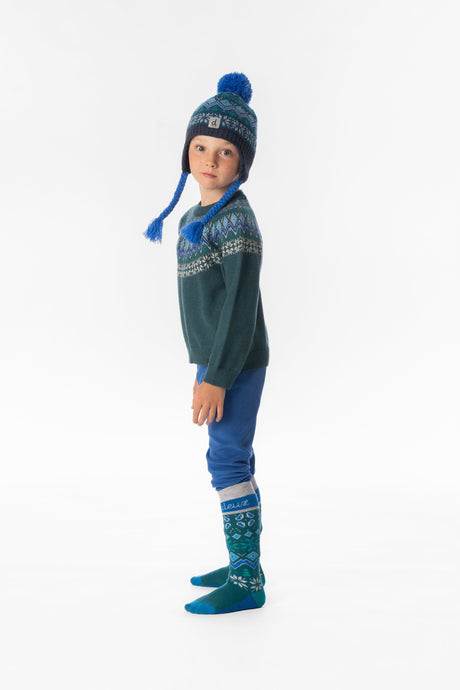 Child wearing the dark green Deux par Deux Fair Isle yoke sweater, side view