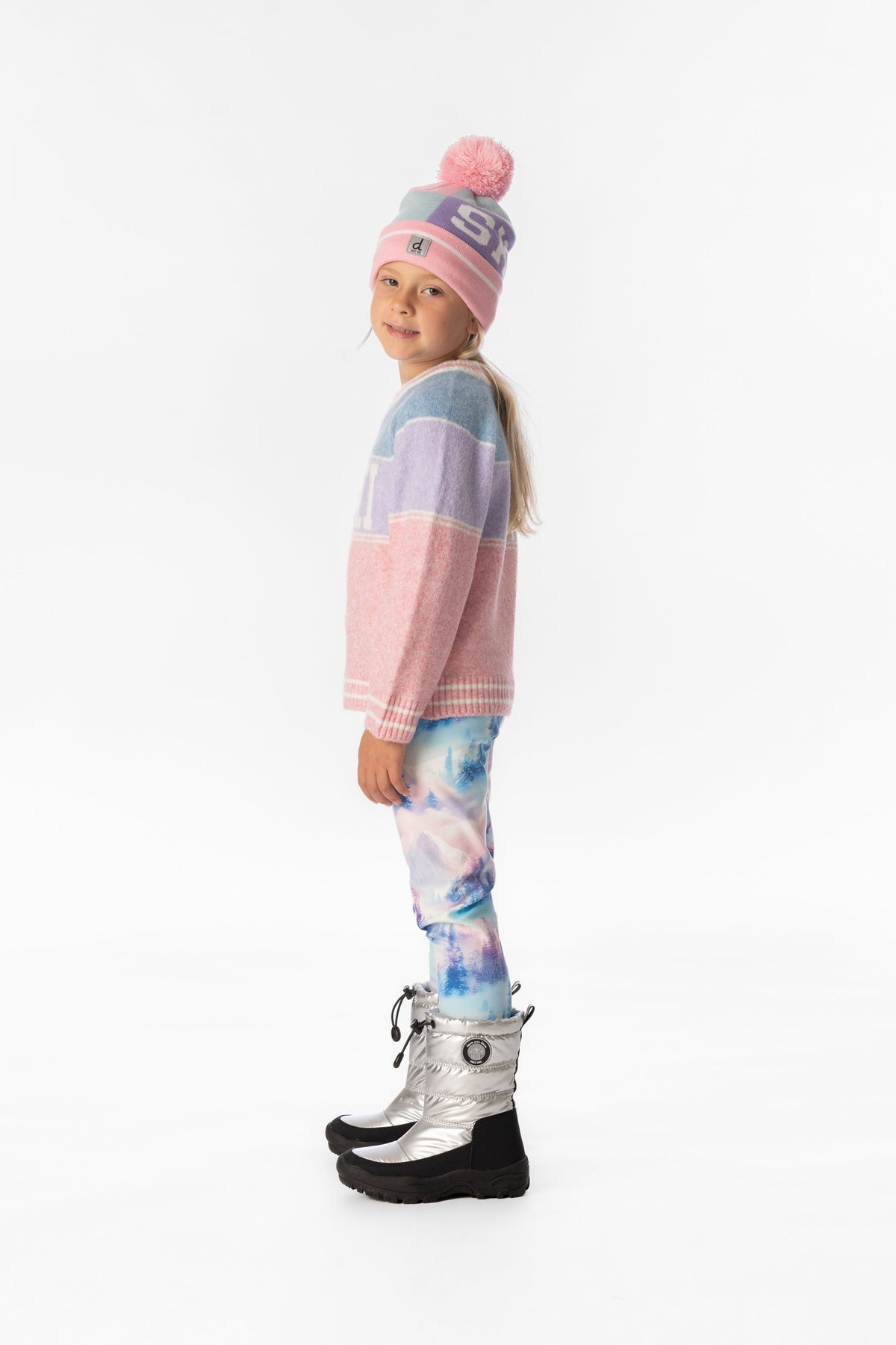 Child wearing the Deux par Deux SKI jacquard sweater in a lookbook shot