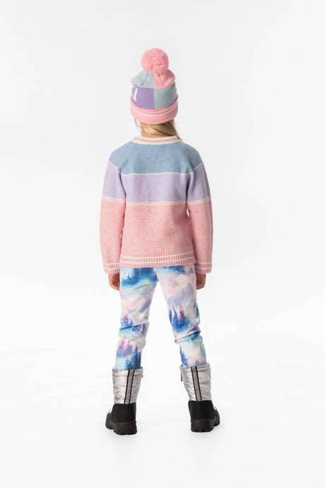 Child wearing the blue lilac and pink colourblock sweater, back view with striped cuffs