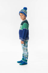 Child wearing Deux par Deux dark blue and dark green SKI sweater, lookbook view 2