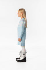Child wearing the Deux par Deux light blue knit dress in a lookbook shot