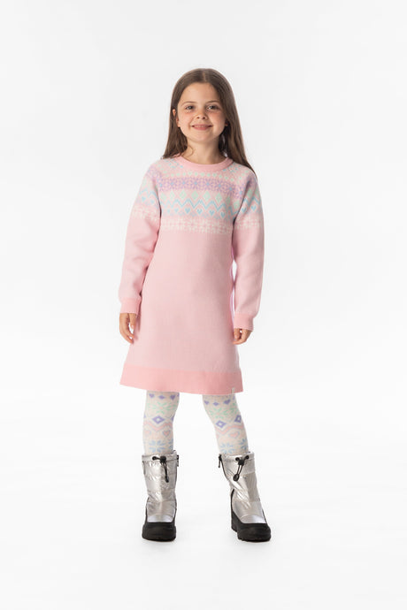 Child wearing the light pink Fair Isle knit dress, front view