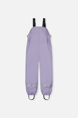 Deux par Deux girls' mauve rain overalls with logo suspenders and reflective ankle bands, back view
