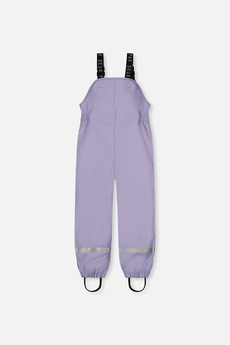 Deux par Deux girls' mauve rain overalls with logo suspenders and reflective ankle bands, back view