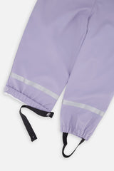 Close-up of the mauve rain overalls ankles with reflective bands, elastic cuffs and foot straps