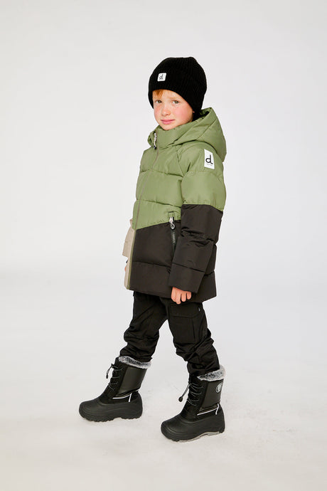 Child wearing the Deux par Deux olive green color-block winter jacket, view 2