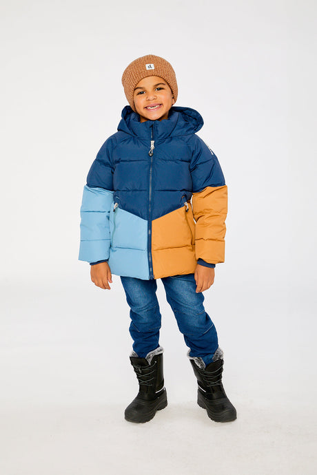 Child wearing the Deux par Deux dark blue color-block winter jacket, view 1