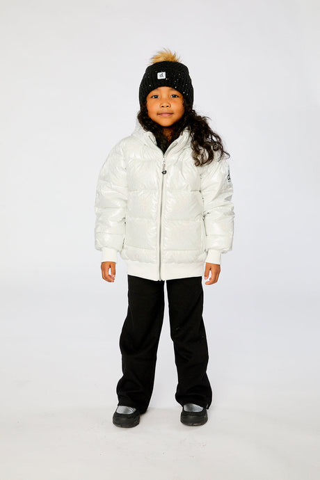 Child wearing the Deux par Deux white glitter puffy winter jacket, view 1