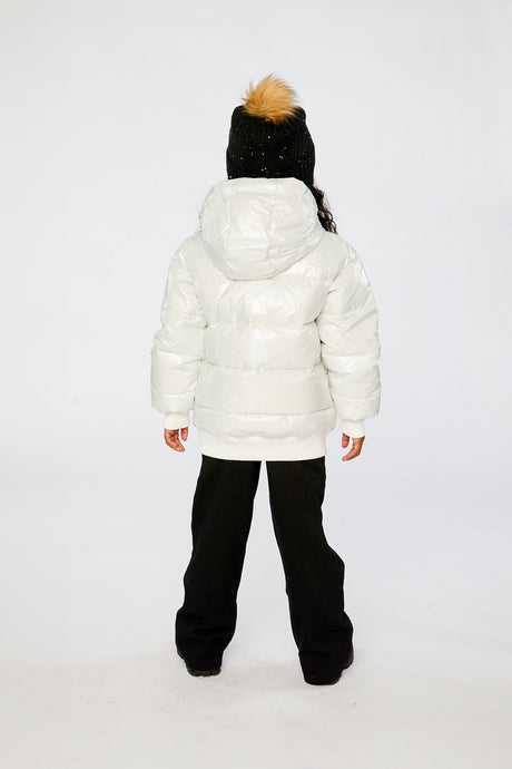 Child wearing the Deux par Deux white glitter puffy winter jacket, view 3