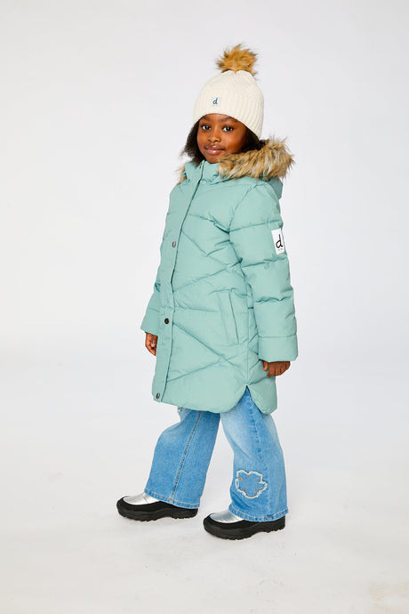 Child wearing the Deux par Deux long sage green puffer coat with faux-fur hood, view 2