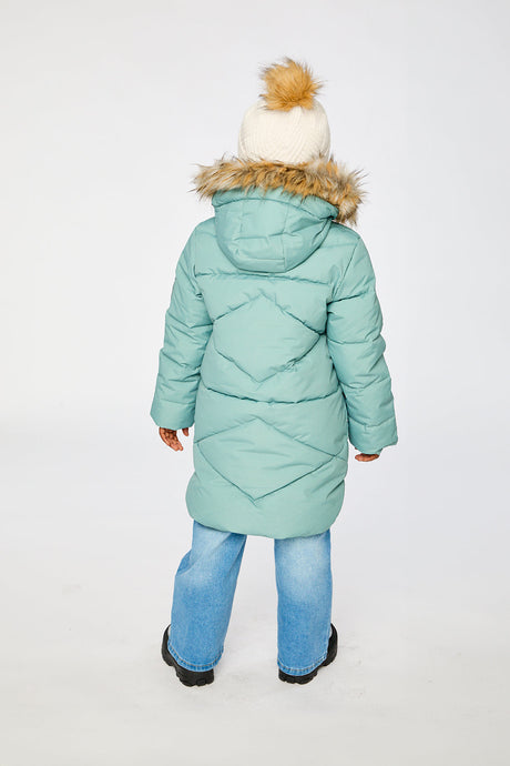 Child wearing the Deux par Deux long sage green puffer coat with faux-fur hood, view 3
