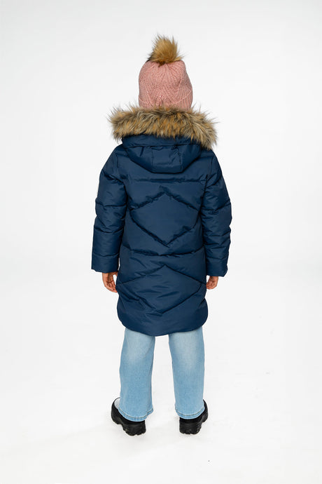 Child wearing the Deux par Deux long dark blue puffer coat with faux-fur hood, view 3
