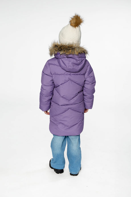Child wearing the Deux par Deux long violet puffer coat with faux-fur hood, view 3