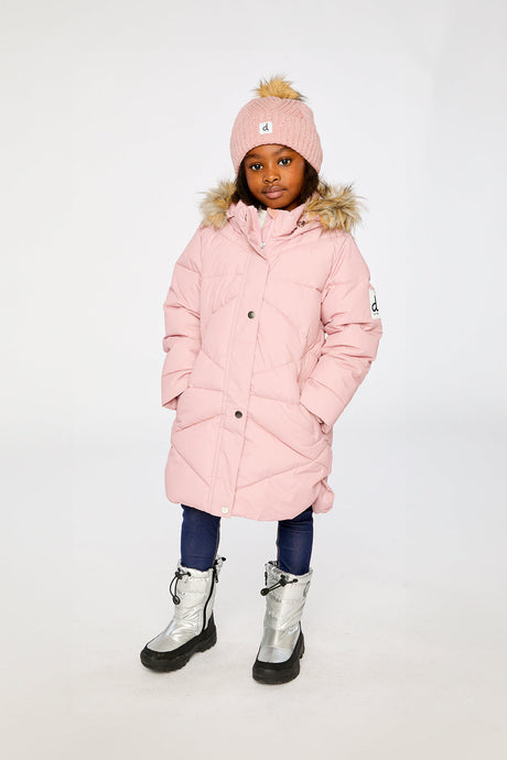 Child wearing the Deux par Deux long pale dusty pink puffer coat with faux-fur hood, view 1