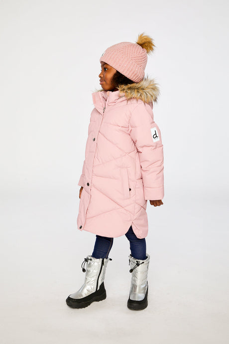 Child wearing the Deux par Deux long pale dusty pink puffer coat with faux-fur hood, view 2