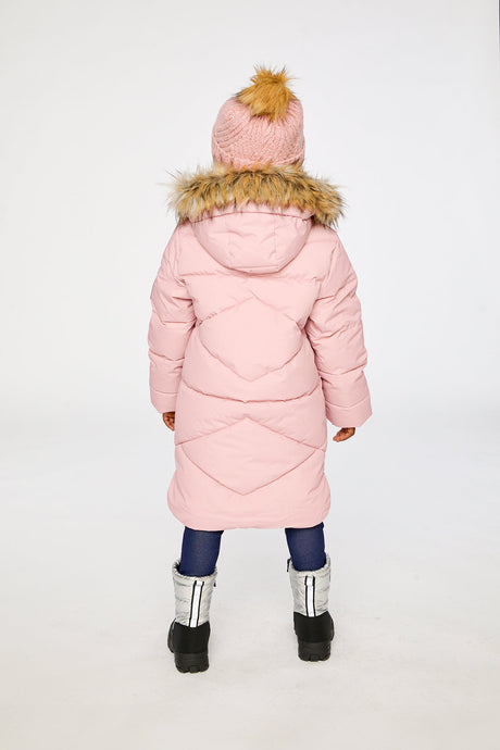 Child wearing the Deux par Deux long pale dusty pink puffer coat with faux-fur hood, view 3