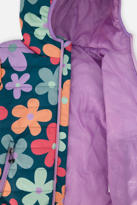 Deux par Deux green floral quilted mid-season jacket for girls, view 4