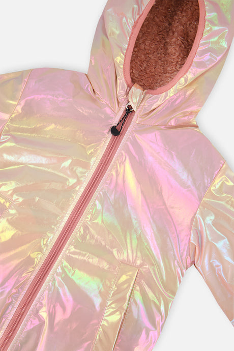 Close-up of the iridescent pink technical side, zipper and hood