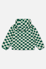 Green and cream check sherpa side of the reversible jacket, back view with the hood
