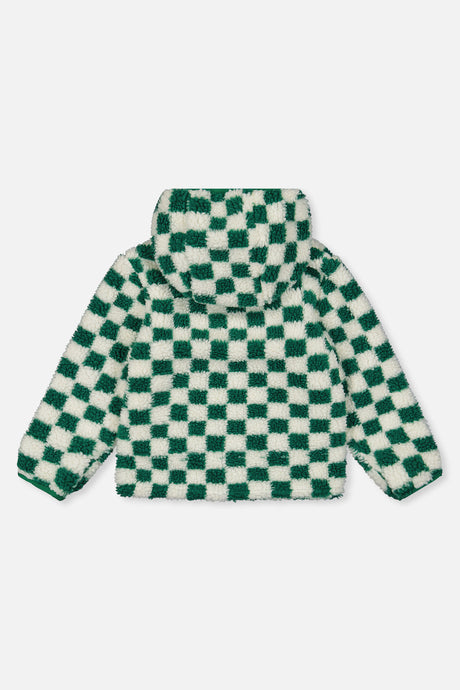 Green and cream check sherpa side of the reversible jacket, back view with the hood