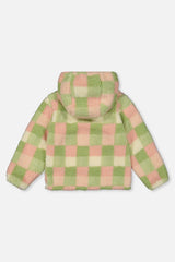 Check sherpa side of the reversible jacket, back view with the hood