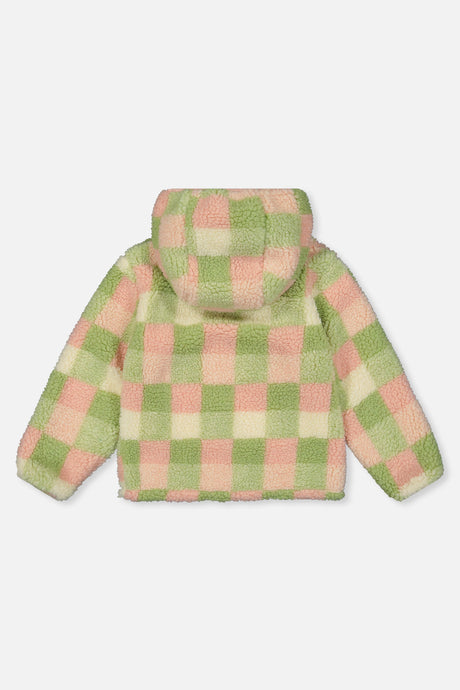 Check sherpa side of the reversible jacket, back view with the hood