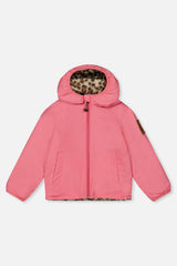 Pink side of the reversible jacket laid flat, front view
